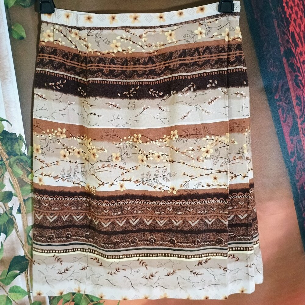ECU Worthington Sz 8P Petite Brown & Tan Floral Boho Rayon Lined Midi Skirt